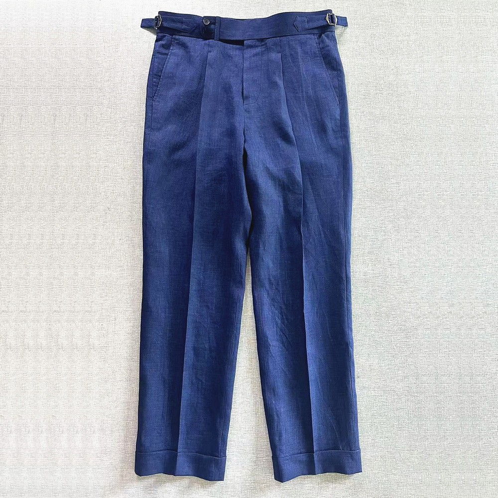 Men's Linen Gurkha Trousers with Adjustable Waist in Blue