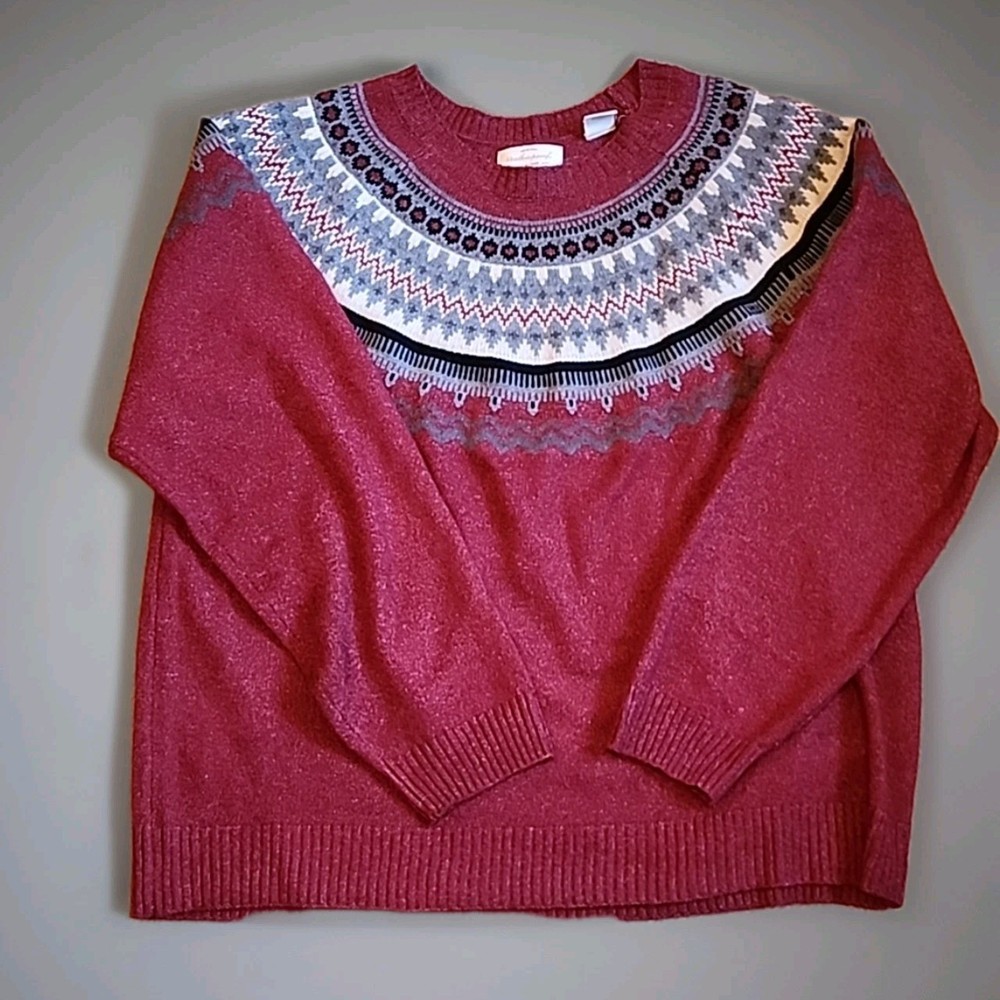 Weatherproof Vintage Women’s X Large Fair Isle Knit Sweater Red Gray Nordic