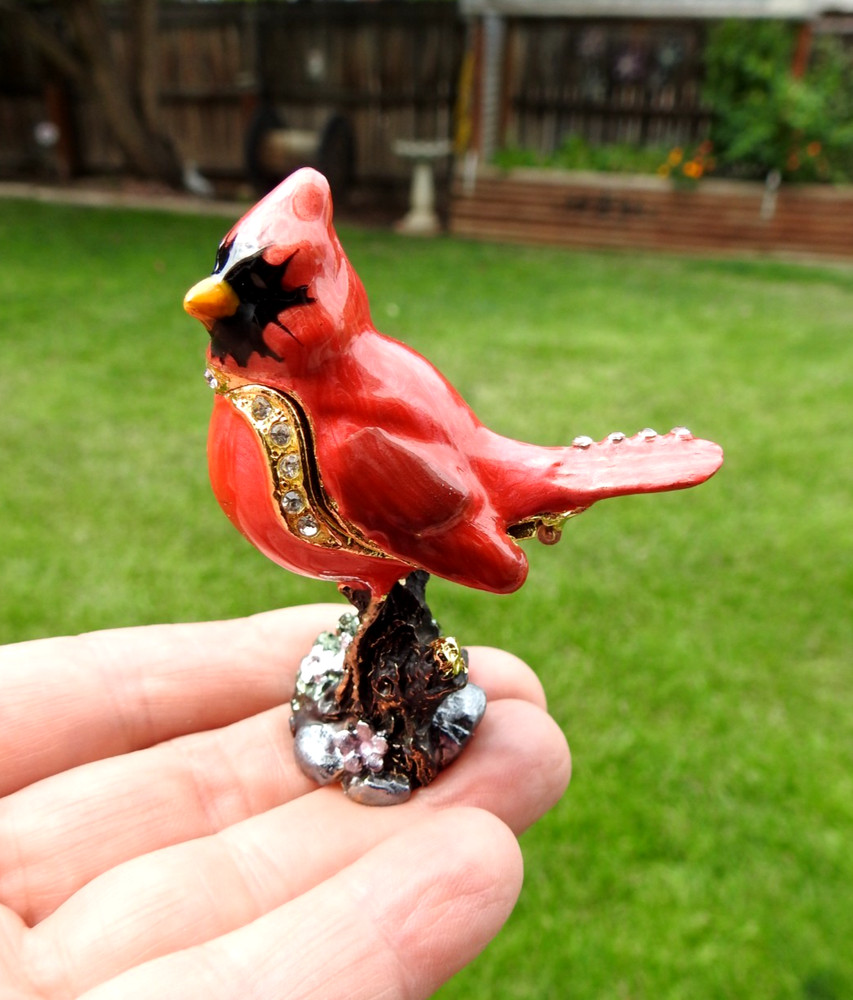 Red Cardinal Bird on Flowered Branch, Jeweled Enamel Trinket Box. 3” X 2.5”