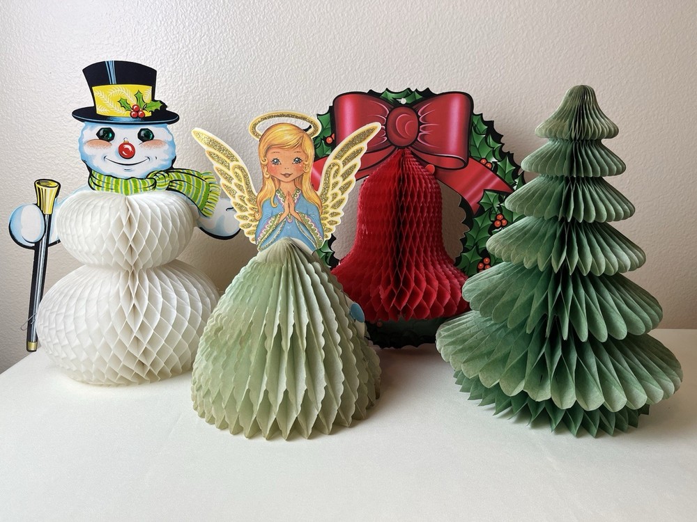 Vtg Beistle Co Christmas Honeycomb Tissue Decorations. Angel Snowman Wreath Tree