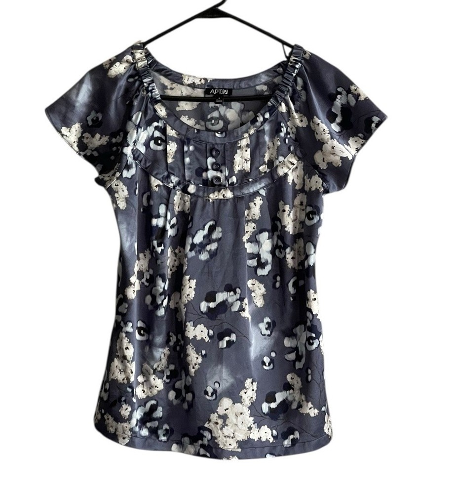 Apt 9 Women’s Small Pullover Satin Blouse Blue Floral Feminine Romantic Chic