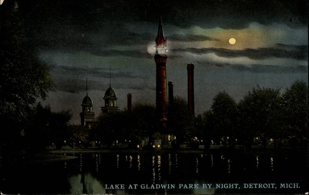 Michigan Detroit Gladwin Park lake at night full moon ~ c1910 postcard  ~ s9561