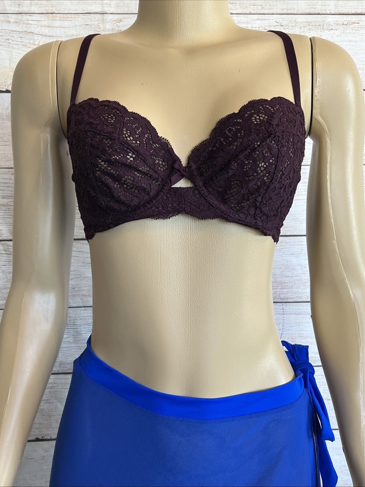 Victorias Secret Women Purple Unlined Demi Lace Floral Bra Size 32D