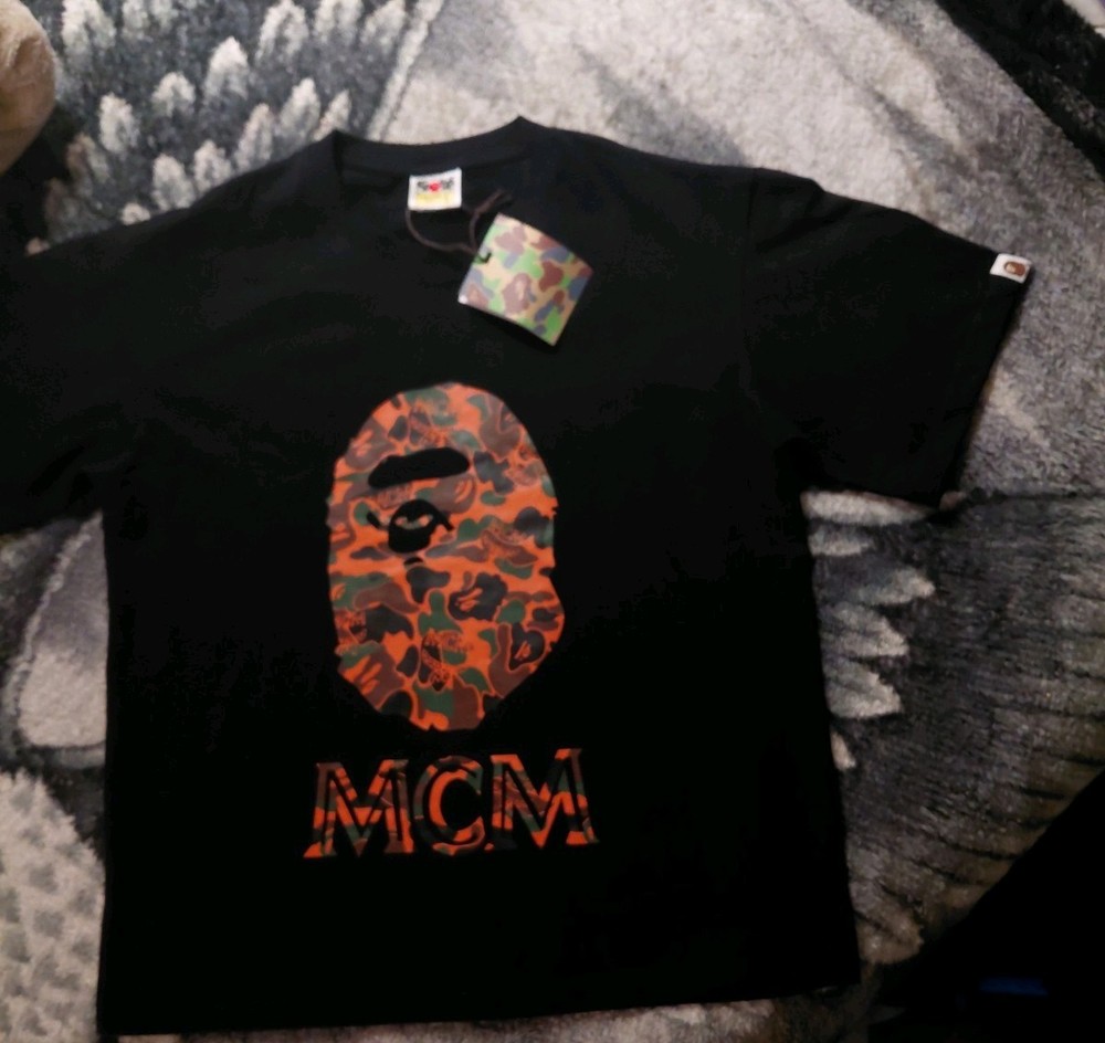 A Bathing Ape MCM Camouflage Logo Black Graphic Print Men's L Jersey T-Shirt
