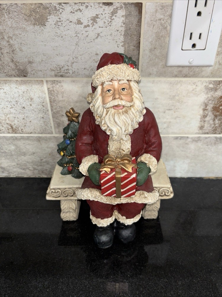 Vintage Christmas Santa On A Bench Figurine