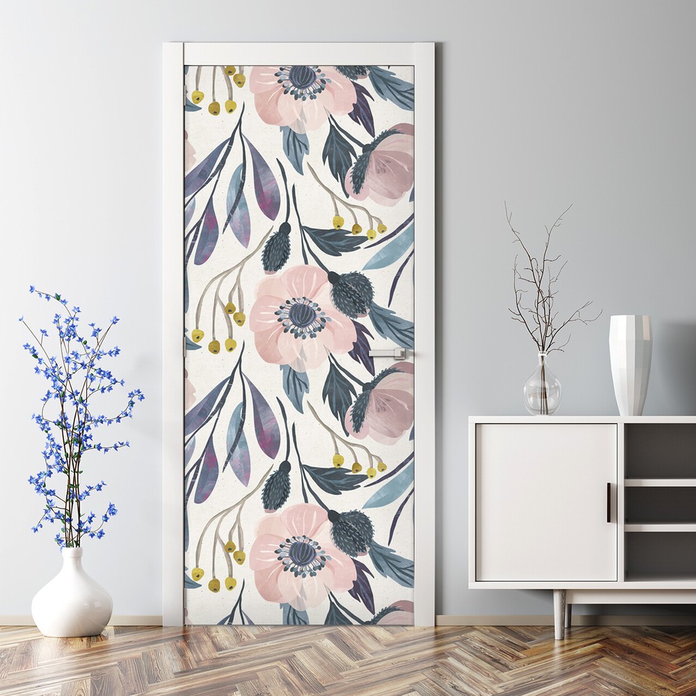 Floral poppies Bubble Free Door sticker Vintage botanical illustration Decal