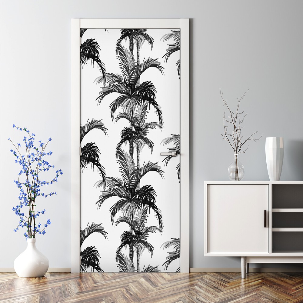 Monochrome palm leaf adhesive door sticker with botanical tree pattern in grey