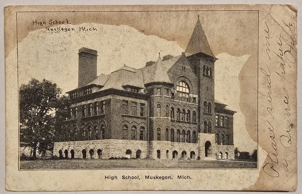 High School Postcard Muskegon Michigan 1907 Undivided Back Stamped Posted