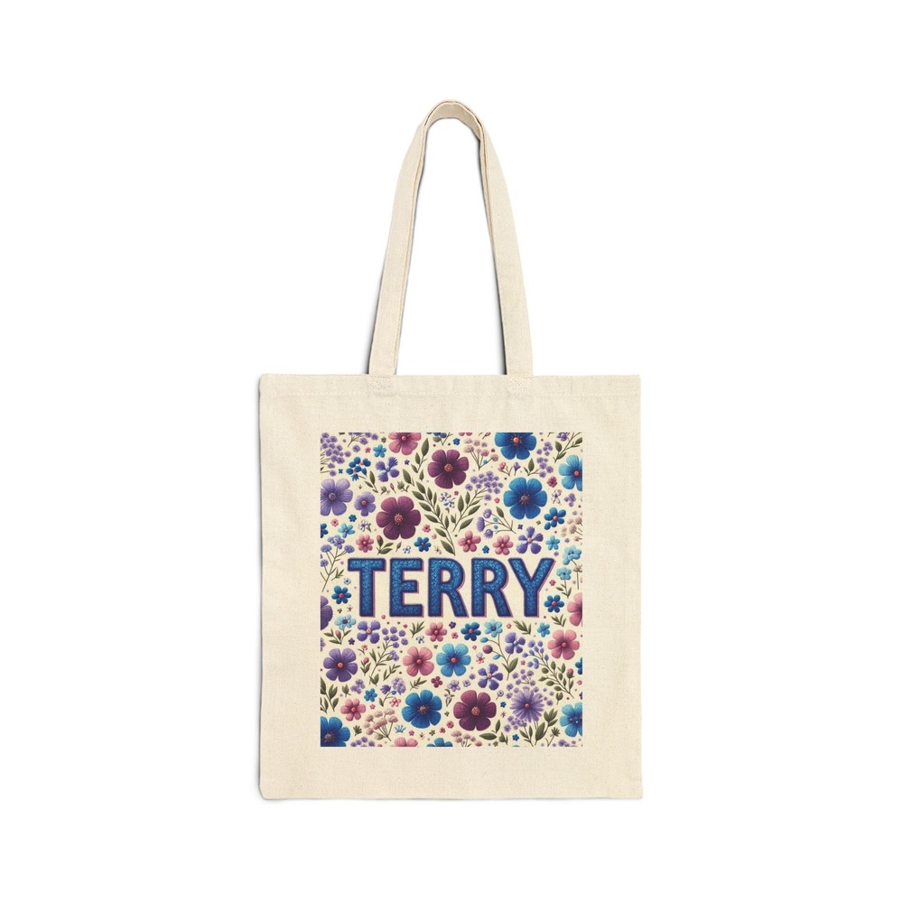 Personalized Cotton Canvas Tote Bag in Terry Blue Purple Floral Design 2