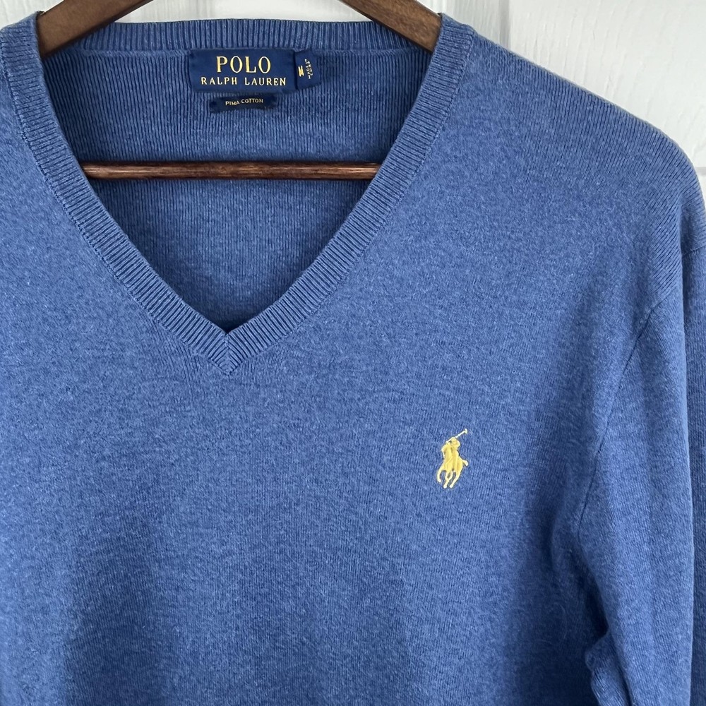 Polo Ralph Lauren Sweater Mens Medium Blue V-Neck Pima Cotton Pony Pullover