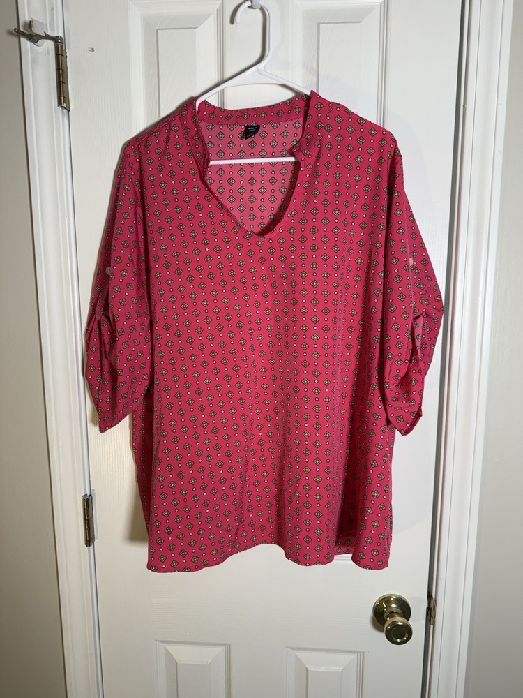 Shein Curve 2XL Pink Geometric Print V-Neck Roll Tab Sleeve Blouse Top Plus Size