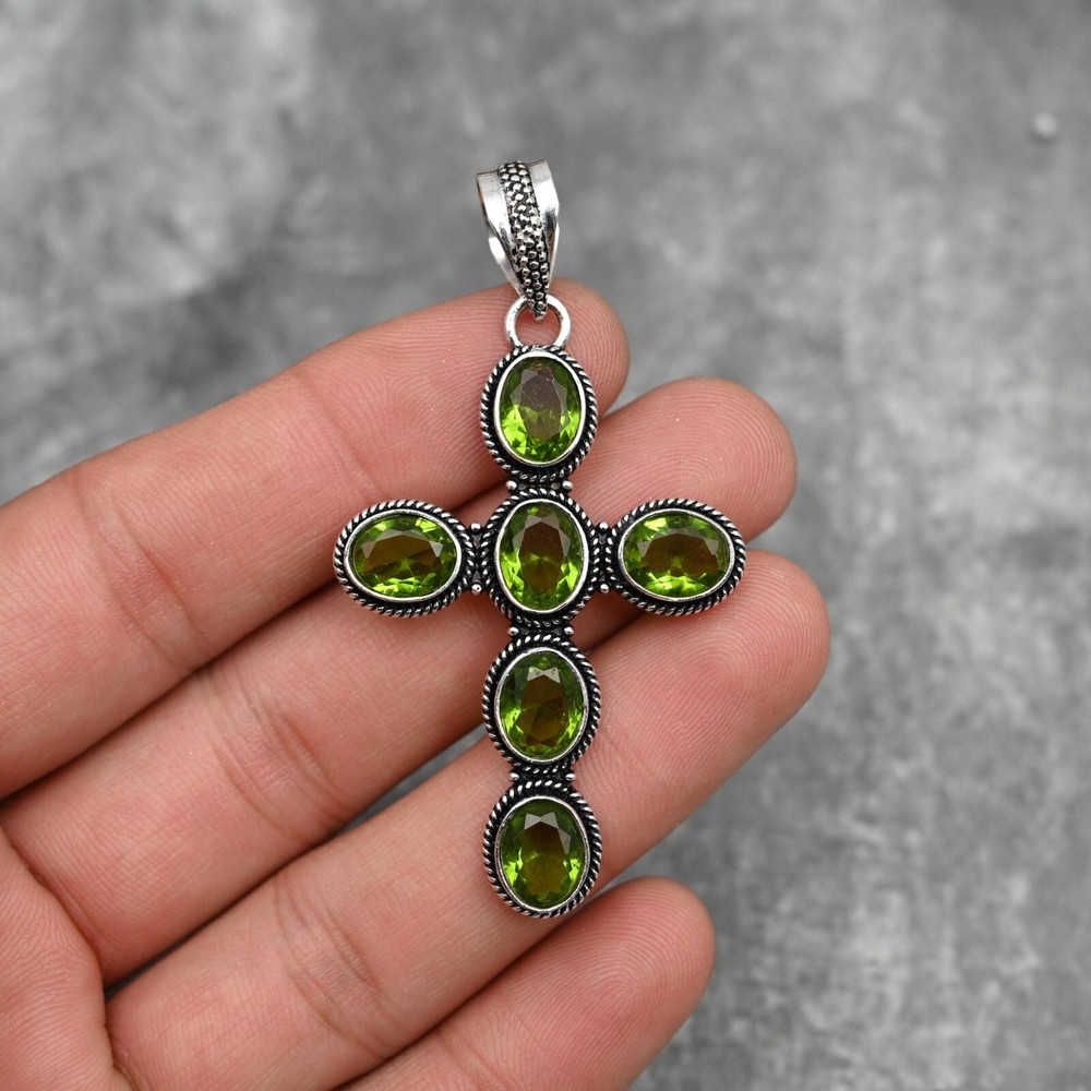 Natural Peridot Holy Cross Pendant 925 Sterling Silver Birthstone Jewelry Gift
