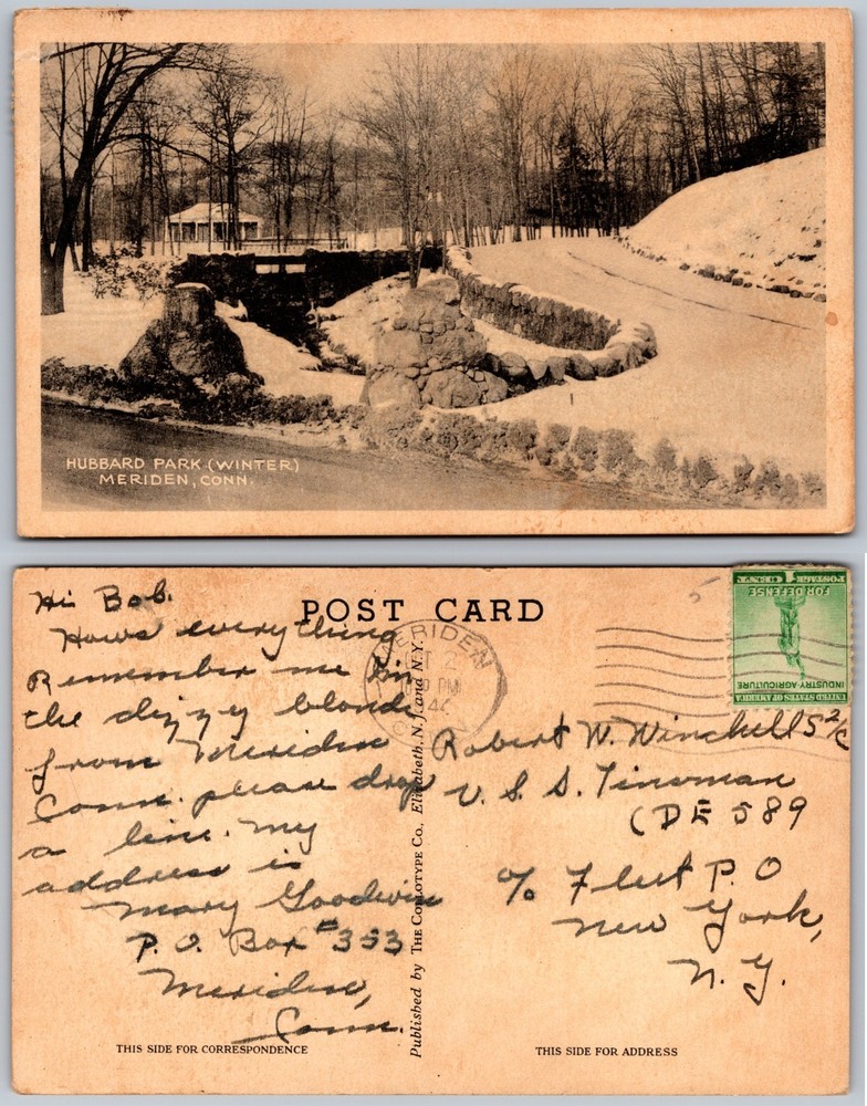 Hubbard Park Winter Meriden CT Postcard