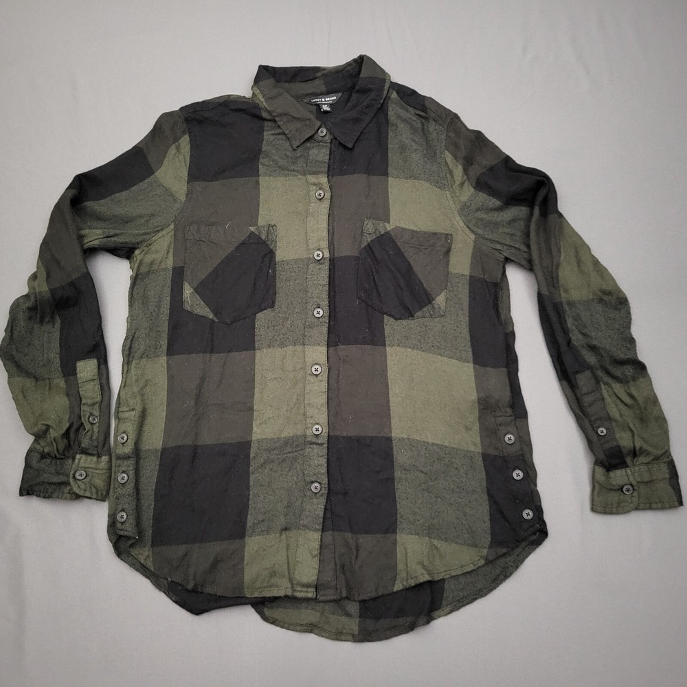 Lucky Brand Women's Green Black  Check Plaid Long Sleeve Button Up Shirt S