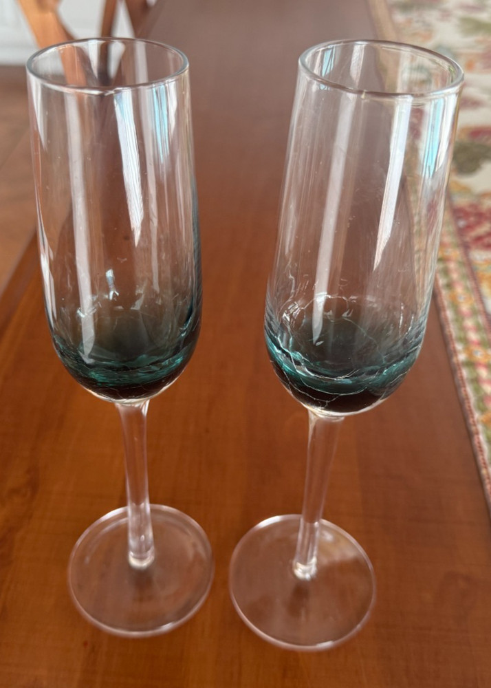 Pier 1 Crystal TEAL BLUE CRACKLE -- Set of 2 Fluted Champagne Glasses 9 7/8