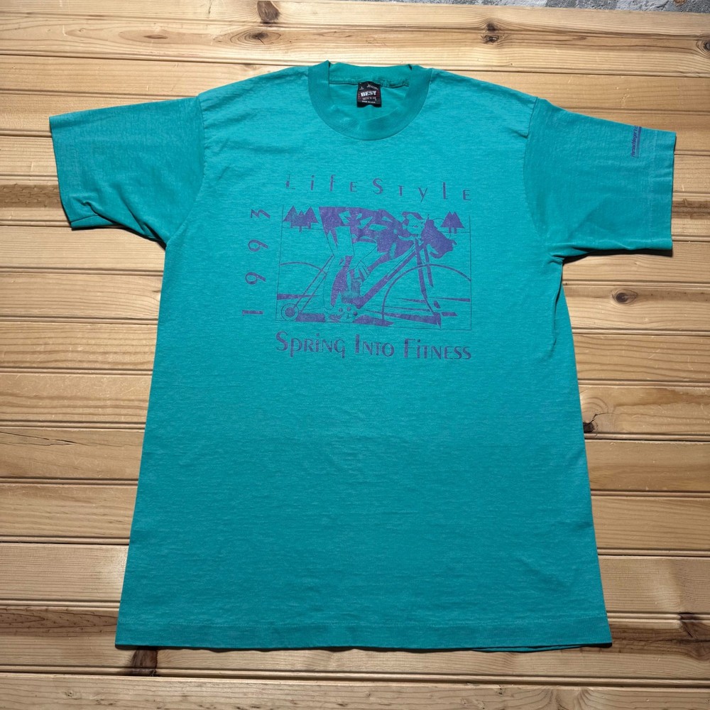 Vintage 1993 LifeStyle Spring Into Fitness Cycling Graphic T-Shirt USA - Large