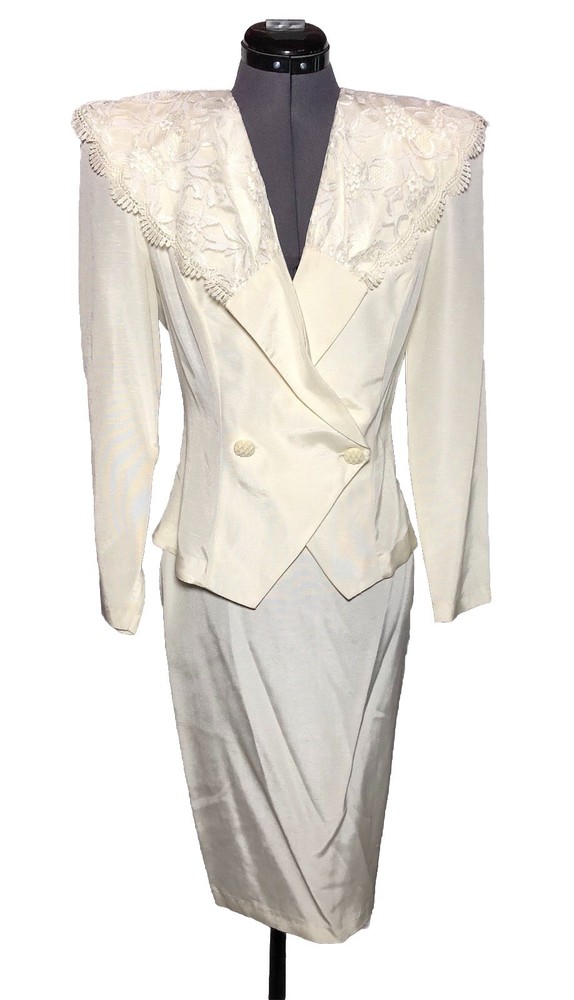 Vtg 80s 90s Power Skirt Suit Set Blazer Ivory Lace Formal 36-25-36 XS/S