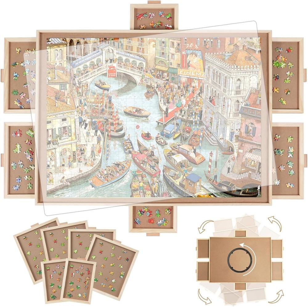 Large Rotating Puzzle Board (2000 Pieces) with Lazy Susan & Drawer Organization
