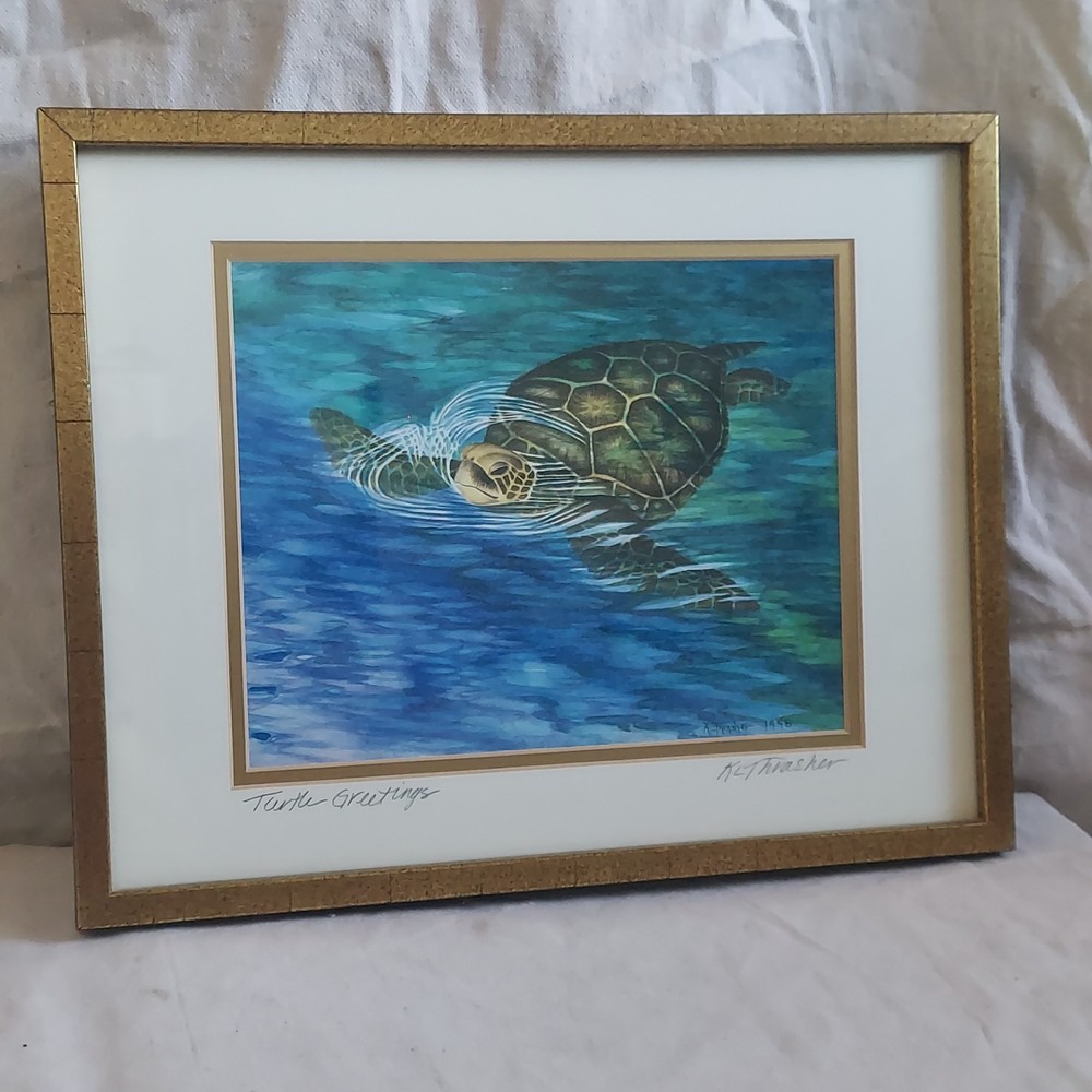 Karen Lee Thrasher Signed Hawaiian Print Turtle Greetings Framed 14.75 x 11.75