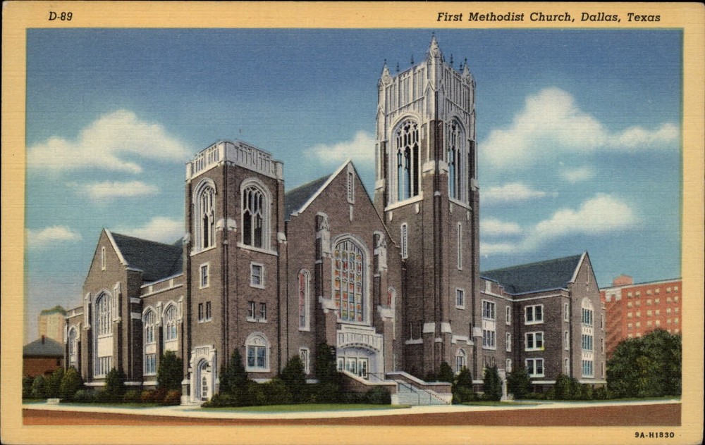 First Methodist Church Dallas Texas bell tower ~ 1930s linen postcard