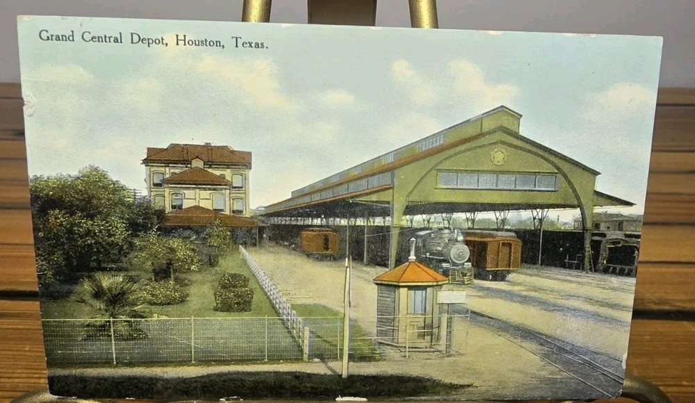 Vintage Houston TX Postcard Grand Central Depot Train Station Railroad c1910