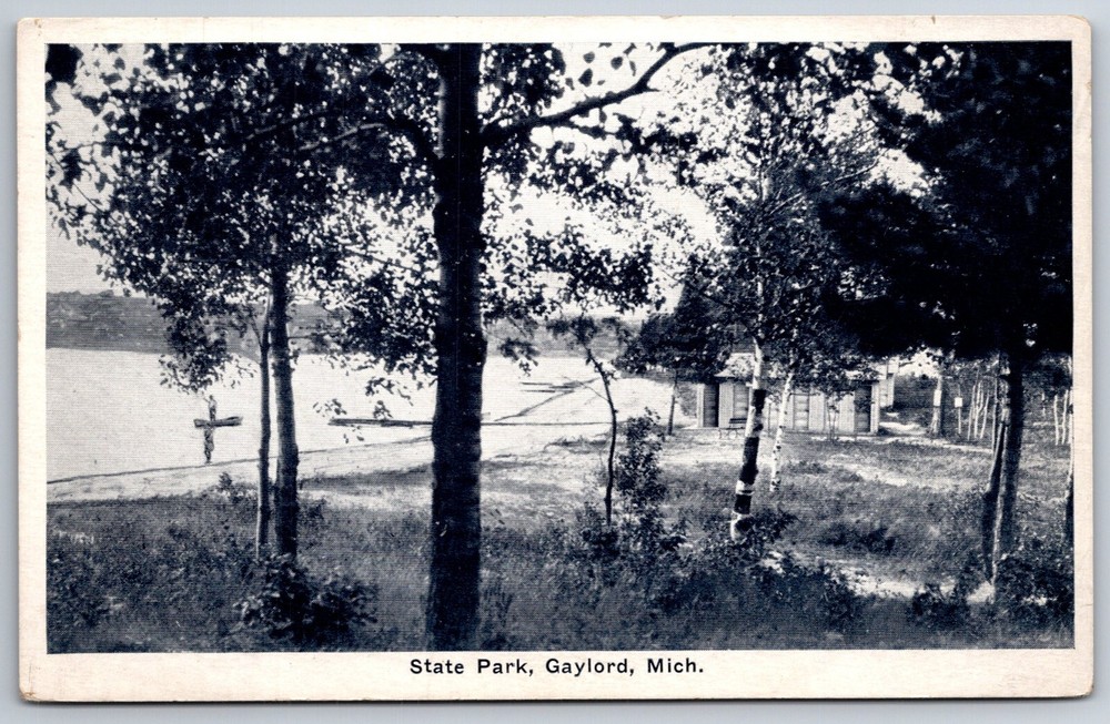 Gaylord Michigan~State Park Lake Scene~B&W Photo~Made In USA~Vintage Postcard