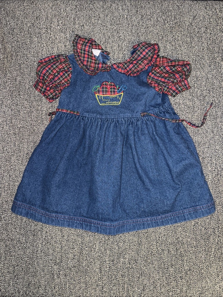 Vintage Vtg Osh Kosh B’Gosh Girls Jean Denim Dress Red plaid, Size 2T