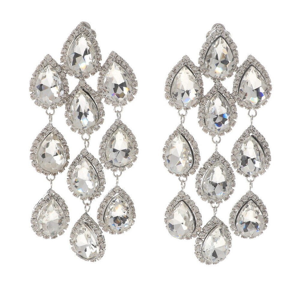 Silver Tone Metal Long Crystal Clip-On Chandelier Earrings ER2517-SCL