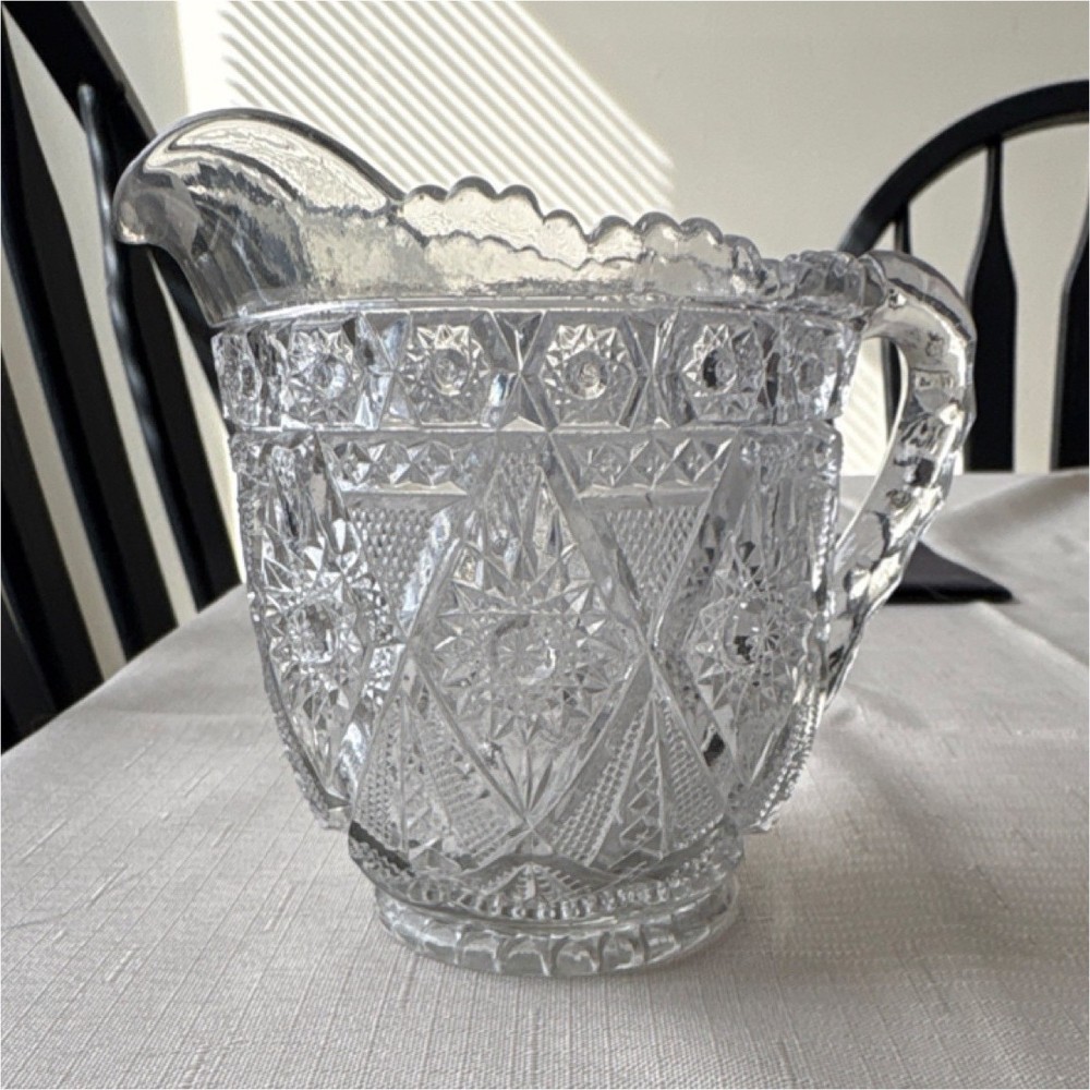 Clear Pressed Glass Creamer Diamond Pattern Decorative Handle Glossy Finish