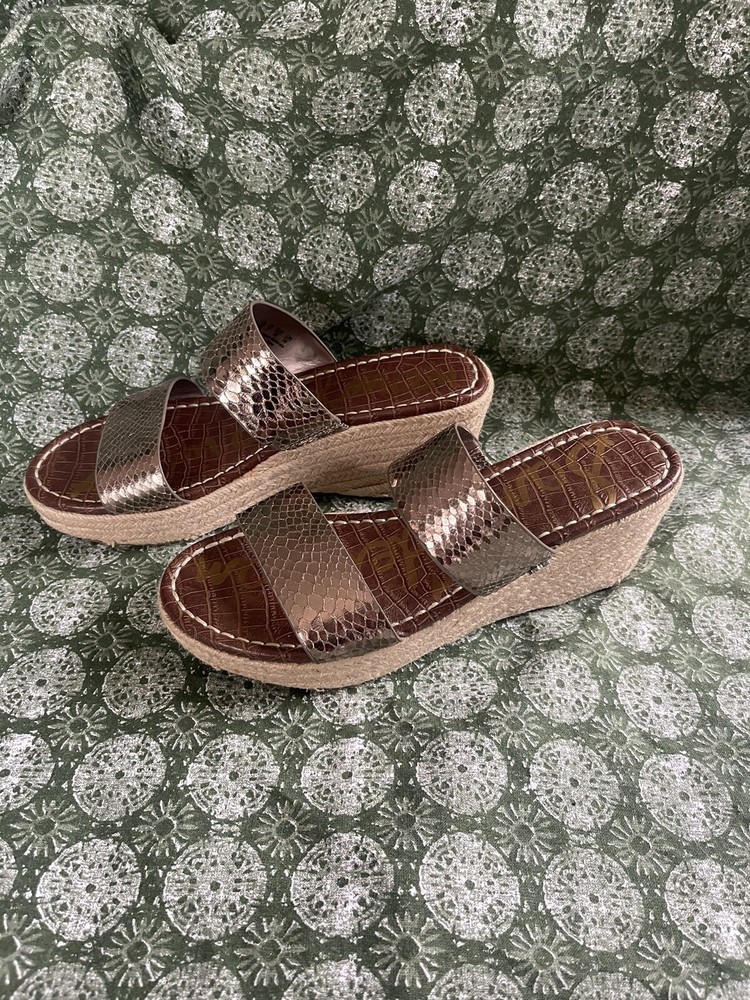 Sam Edelman Gold Snake Print Wedge Slides Women's Size 9 M