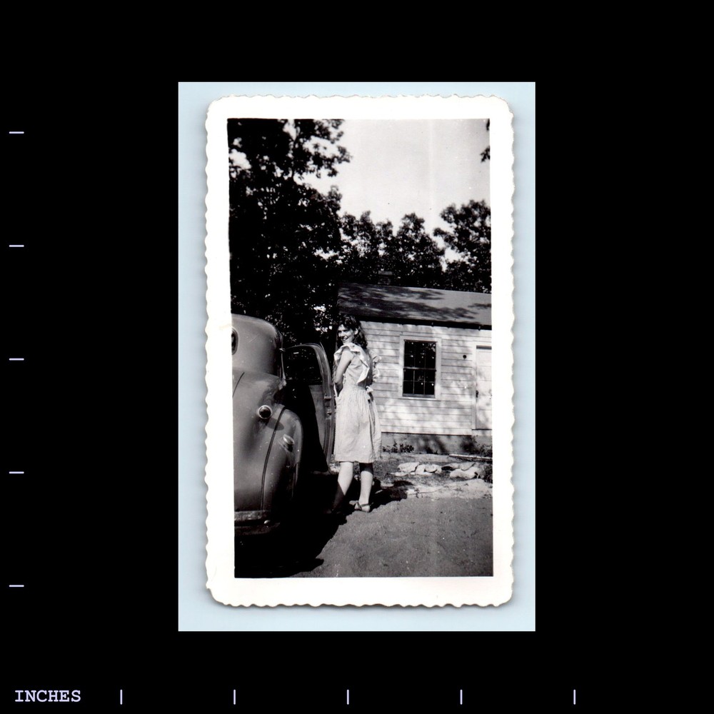 Old Vintage Photo WOMAN STANDING BY CLASSIC CAR TINY HOUSE