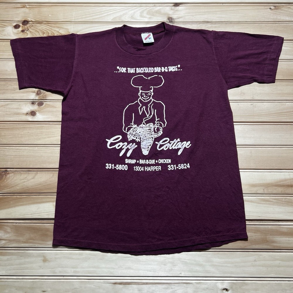 Vintage 80s Cozy Cottage Backyard Bar B Q BBQ Chicken Shrimp Shirt Size Medium