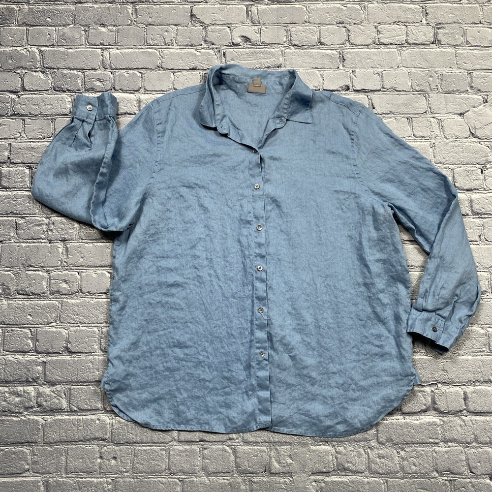 J Jill Button Up Blouse Size XL Blue 100% Linen Beach Resort Career Crunchy Mom