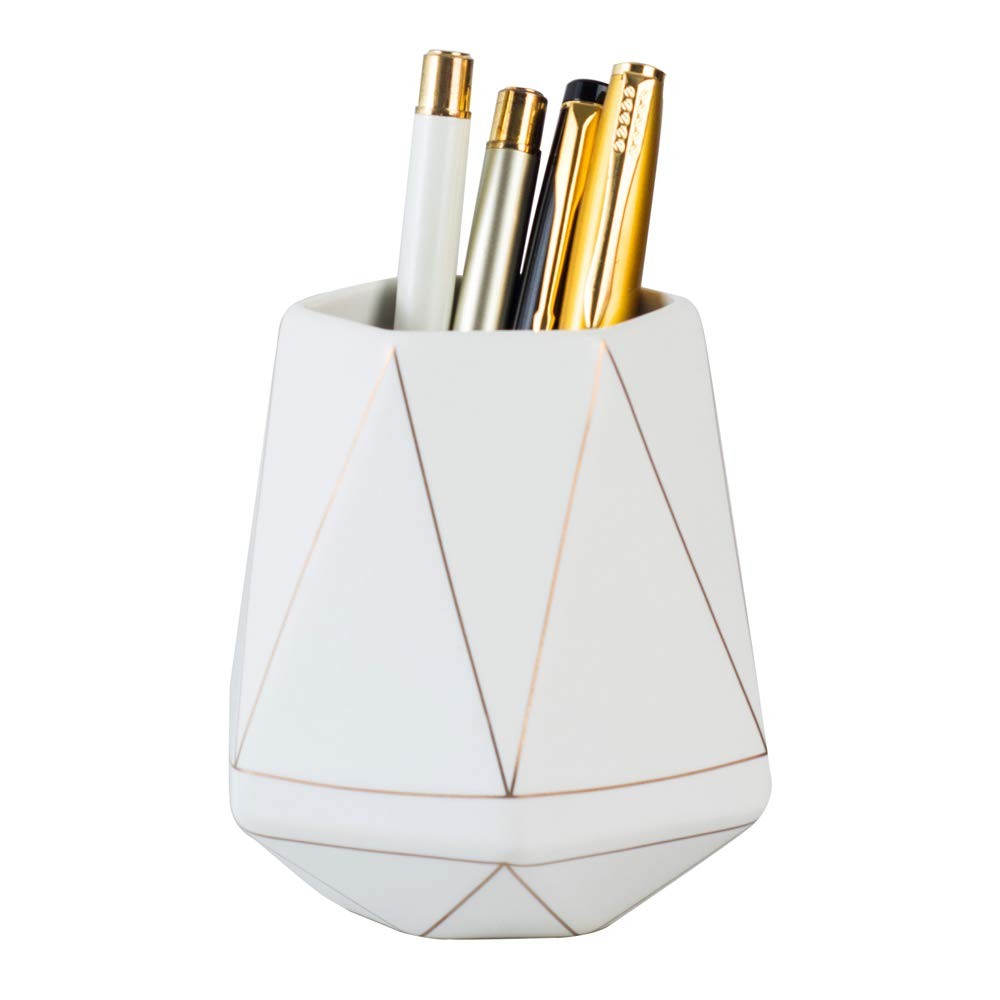 Ceramic Desk Cute Pen Holder Stand Gold Line Pencil Cup Pot Desk Organizer Ma...