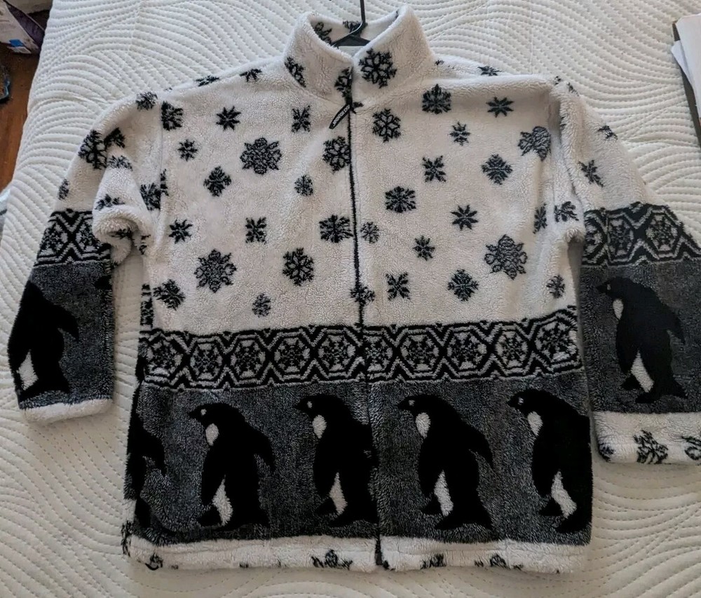 VTG 90s Black Mountain Sherpa Fleece Jacket Snowflake Penquin Y2K Zip  ExLarge