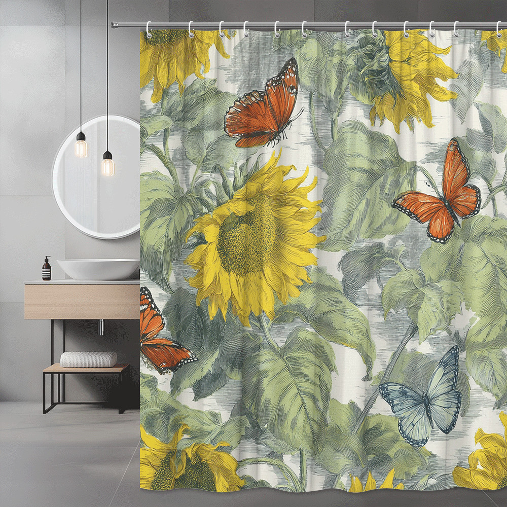Sunflower Butterfly Shower Curtain Floral Graphic Print