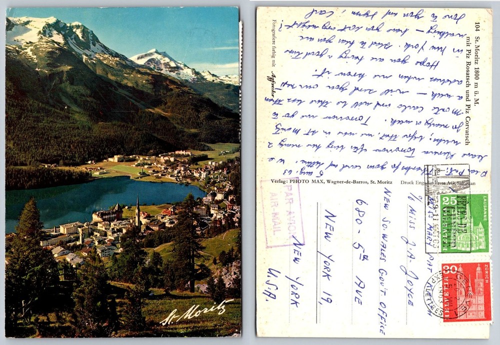 Vintage St. Moritz Switzerland Postcard 1963 Lake & Alps Scenic View Mailed
