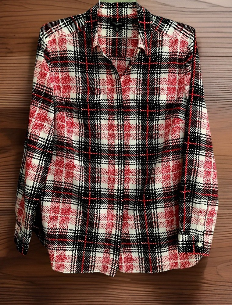 Talbots M Petite MP Black Red White PLAID Button-Up Womens Shirt