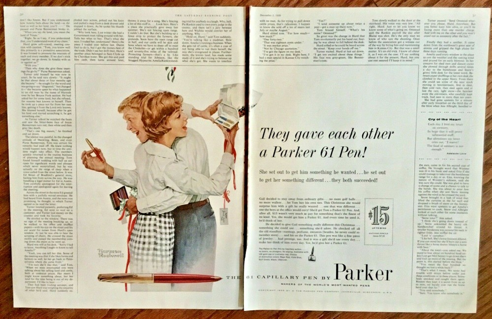 Parker pens 2 pg ad 1959 orignal vintage print 50s illustration Norman Rockwell