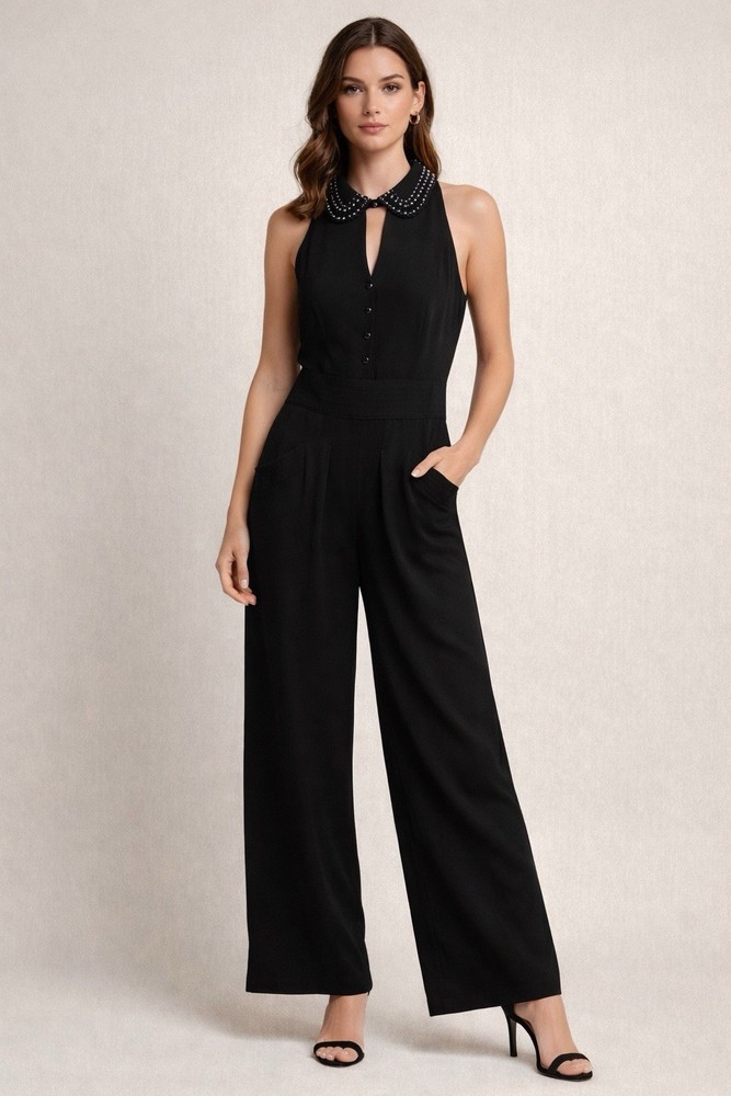 Elevenses Anthropologie Black Sleeveless Jumpsuit Beaded Collar Wide Leg Pockets
