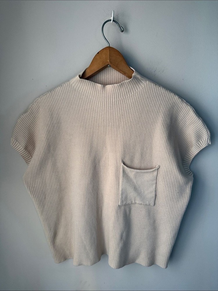 Cream Ribbed Mock Neck Sweater Vest Top Pocket Oversized Knit Large