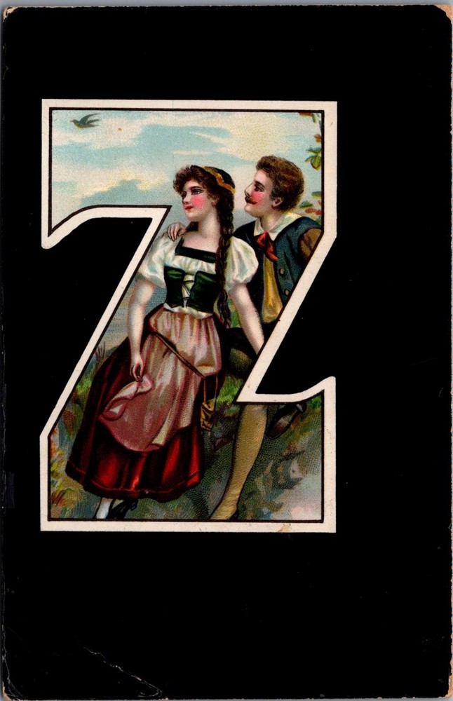 1903 Initial Z Postcard German Couple Folk Art Made in Germany Posted