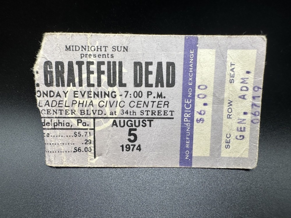 Grateful Dead Concert Ticket, Philadelphia Civic Center, Aug. 5 1974