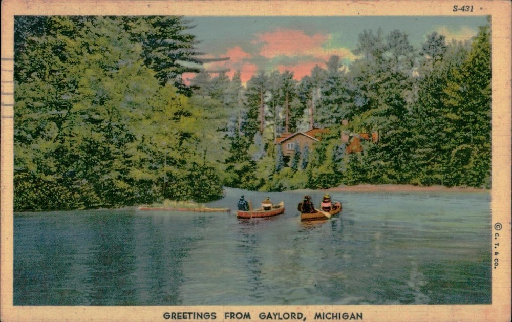 Gaylord Michigan Postcard 1950 Postmarked Greetings From Gaylord Canoes Lake