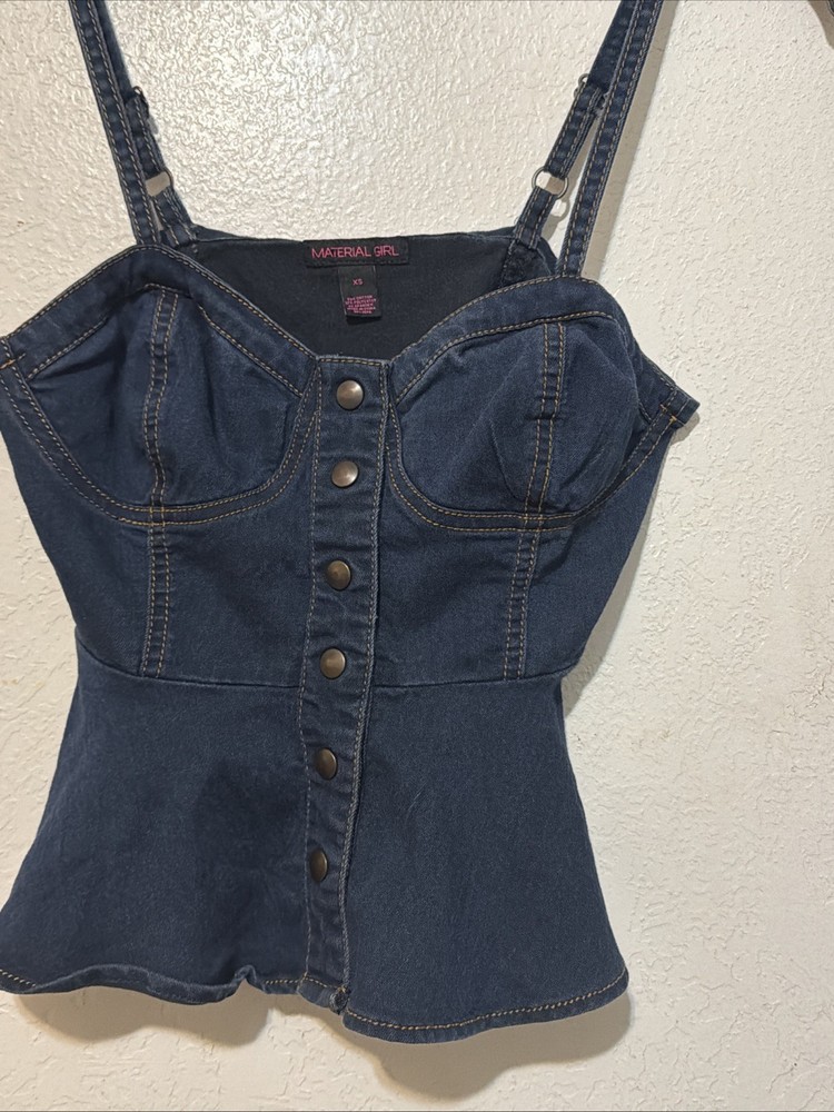 Material Girl Denim Peplum Corset Top Structured Coastal Cowgirl SZ Xs Vintage