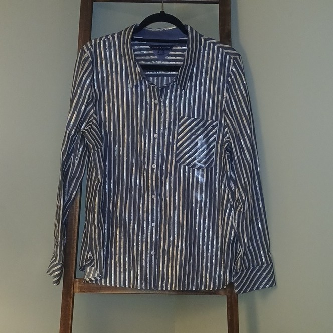 Tommy Hilfiger Women's XL Blue/White Striped Button-Up Shirt Long Sleeve