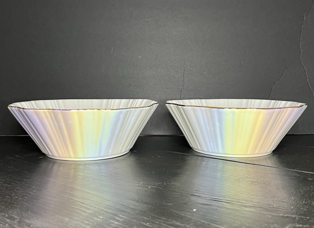 Iridescent Fine Porcelain Scalloped Gold Rim Bowl By Grace Teaware Set Of 2-8”