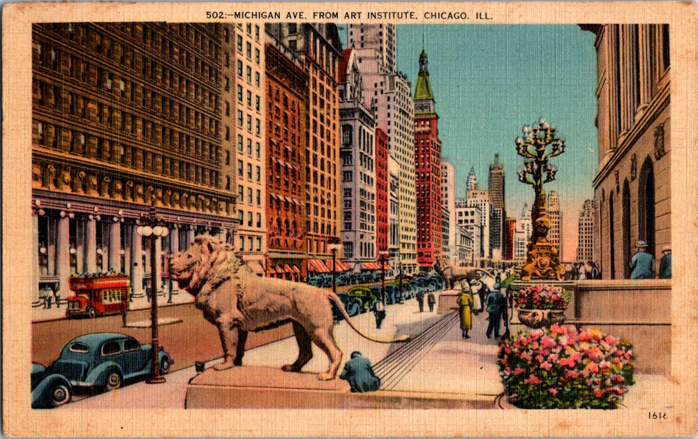 Vintage Postcard Chicago Illinois Michigan Avenue Art Institute Lion Statue