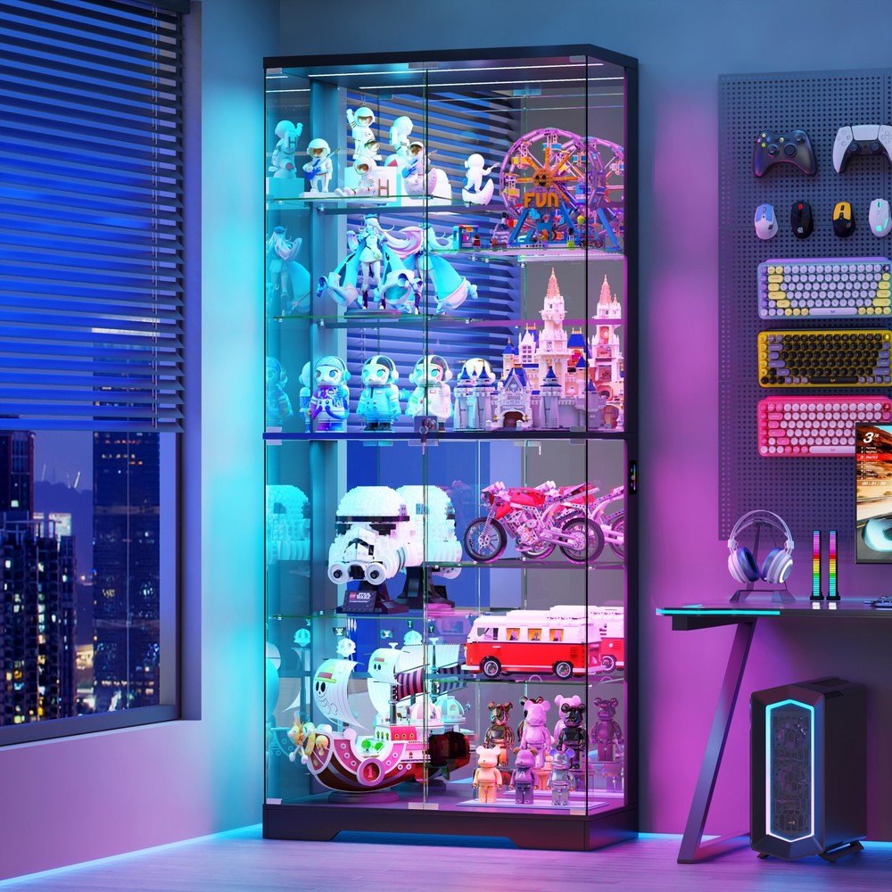 Gurexl Lighted Display Case Cabinet with RGB Lights & 10-Tier Shelf for Figure