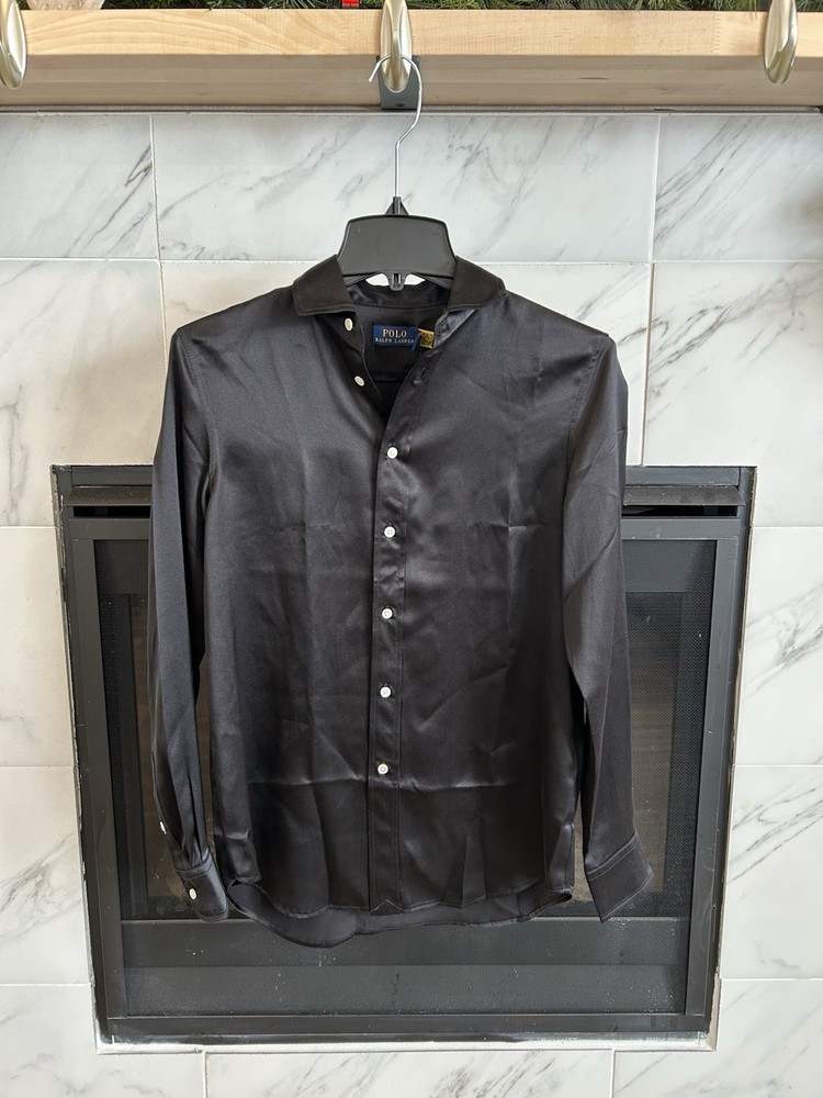 $298 Polo Ralph Lauren Women's Gray Silk Collared Button-Up Shirt Top Size 2